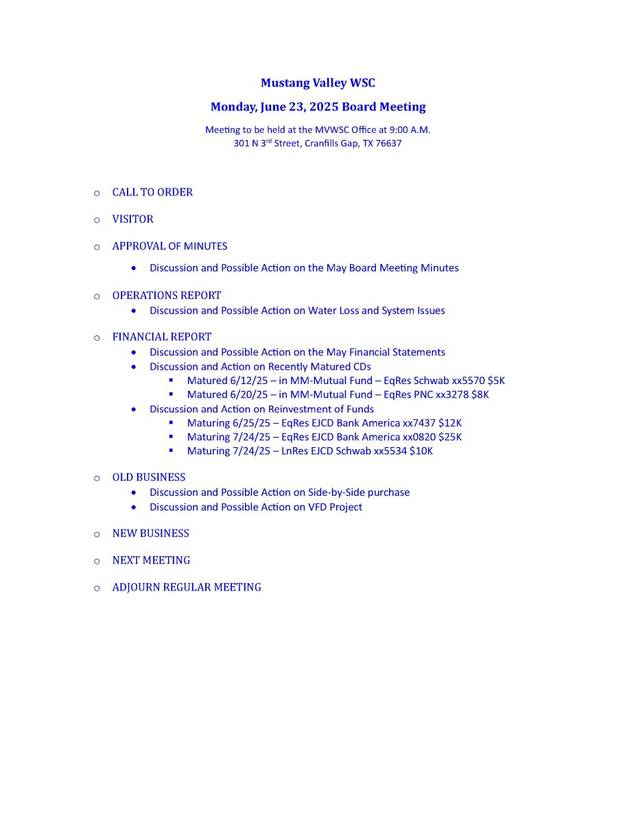 JUNE 23rd BOARD MEETING AGENDA